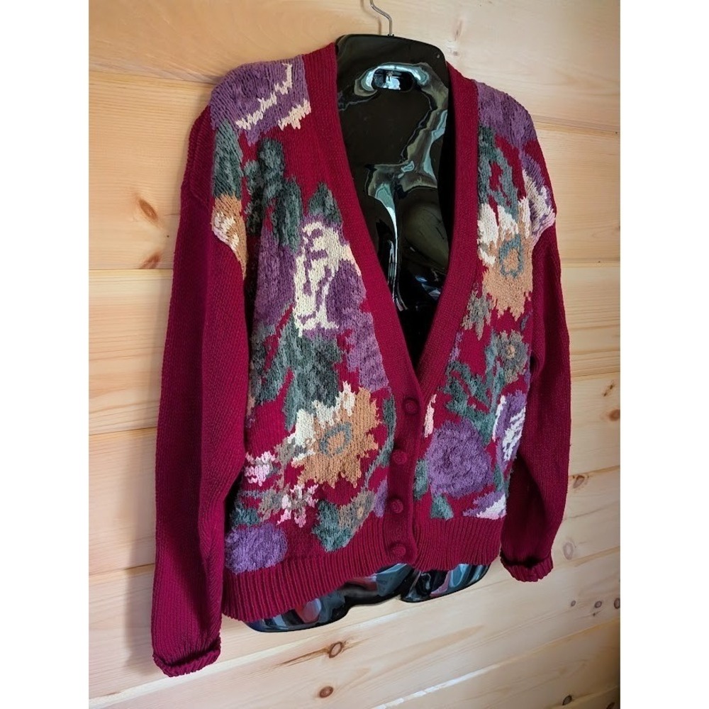 Vintage Michelle Stuart Cardigan Sweater M Burgundy Colorful Floral Cottagecore - Picture 2 of 7